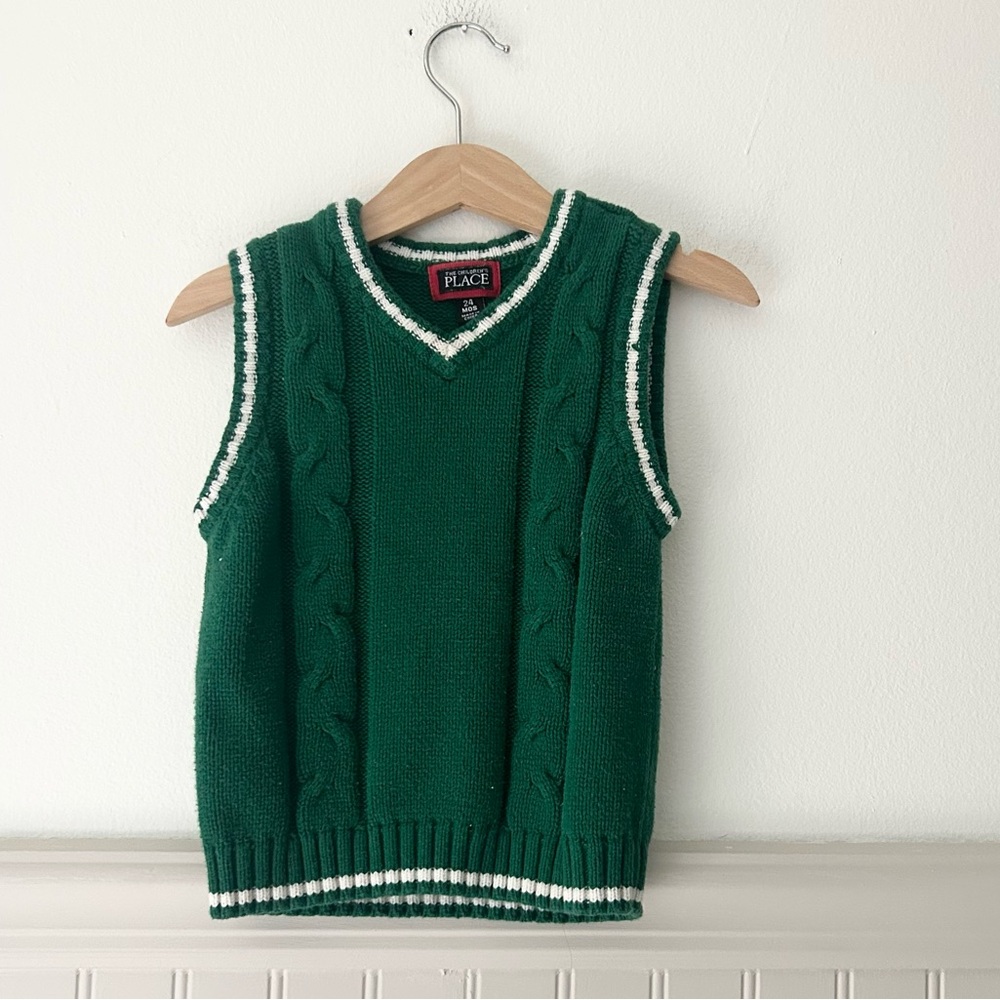 The Children's Place 24 Months VNeck Cable Knit Green Vest with White Trim
